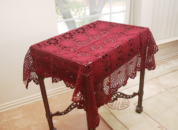 Burgundy Crochet Topper, burgundy crochet tablecloths.